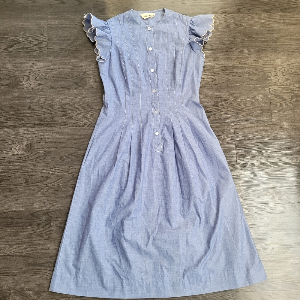 Albert Nipon Light Blue Ruffle Sleeve Midi Dress